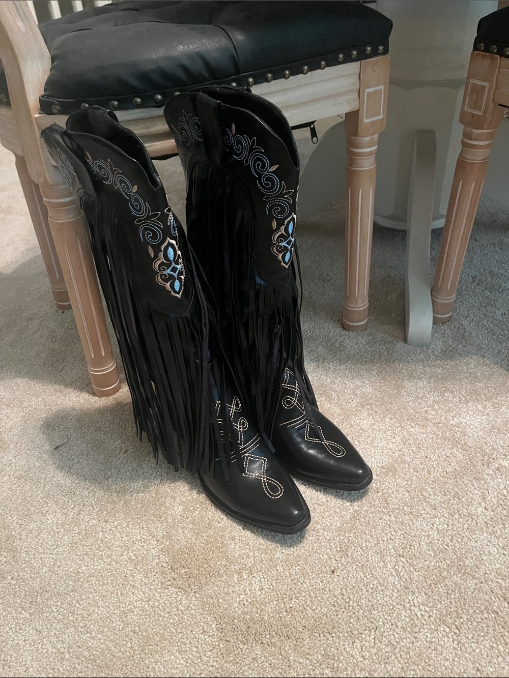 Fringed Embroidered Black Over-the-Knee Boots